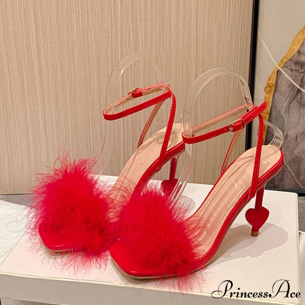 Big Size 42 Sexy Ankle Strap High Heels Fluffy Feather Women Sandals Summer Gladiator Square Toe Party Dress Shoes Red