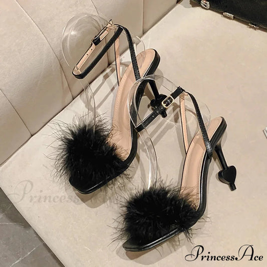 Big-Size 42 Sexy Ankle-Strap Strange High-Heels Fluffy-Feather Sandals Gladiator Square-Toe Party Dress High Heel Black