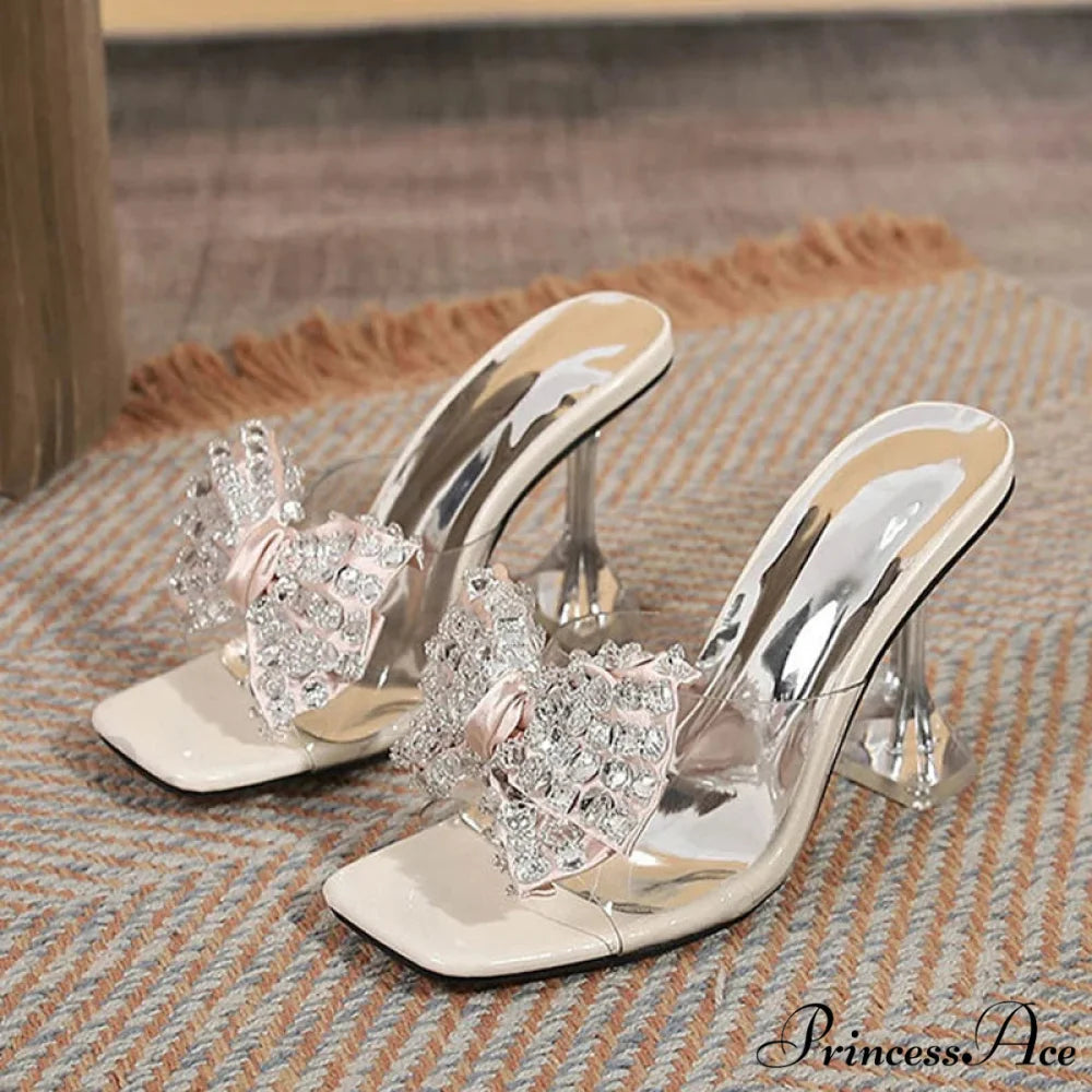 Big Size Women’s Clear High Heel Sandals with Crystal Bowknot Square Toe