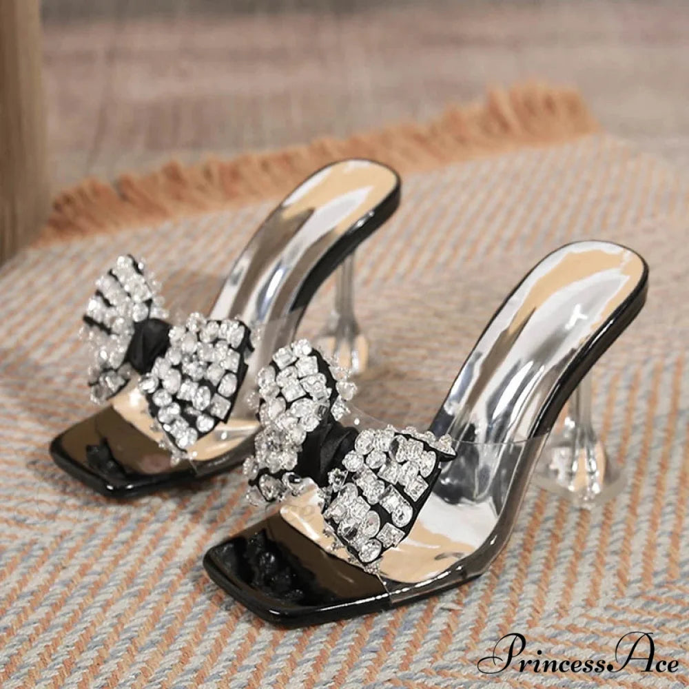 Big Size Women’s Clear High Heel Sandals with Crystal Bowknot Square Toe
