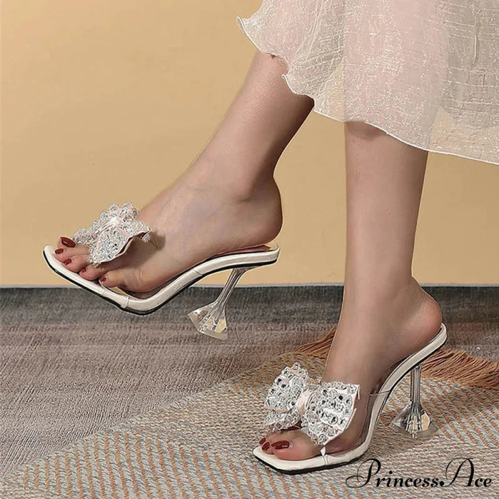 Big Size Women’s Clear High Heel Sandals with Crystal Bowknot Square Toe