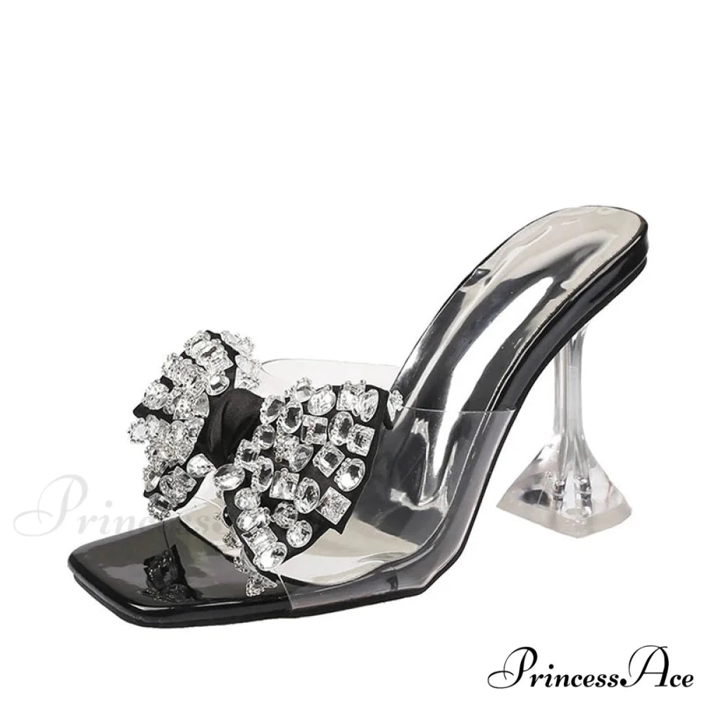 Big Size Women’s Clear High Heel Sandals with Crystal Bowknot Square Toe Black / 34