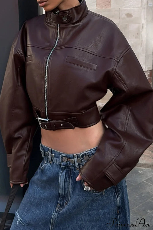 Biker Retro Leather Zip Stand Collar Short Jacket