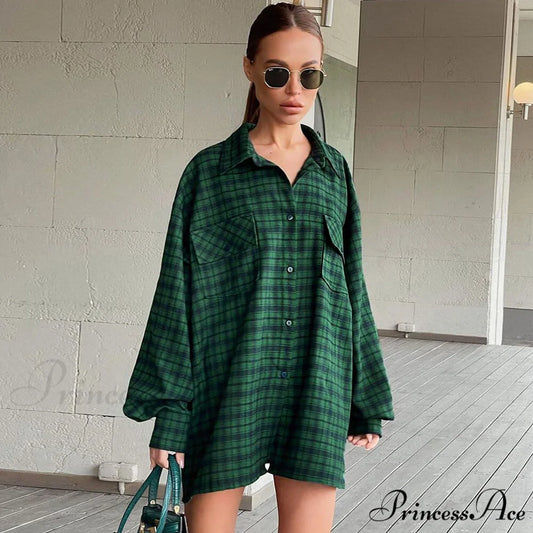 Bishop Sleeve Pointed Trendy Collar Shirt - Brown M / Emerald Green