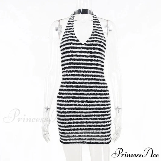 Black and White Striped Knitted Vacation Deep V Halter Bodycon Dress MULTI / S