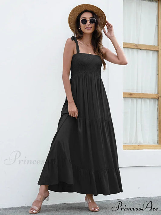 Black Backless Ruffle Trim Dress with Tie S / Black