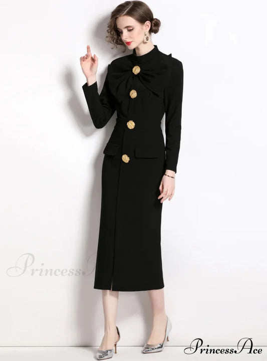 BLACK BOW SLIM LONG SLEEVE DRESS S / GREEN