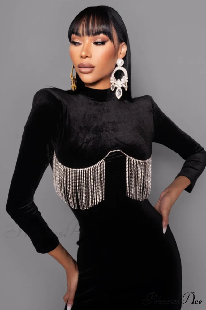 Black Crystal Fringe Charming Velvet Mini Dress