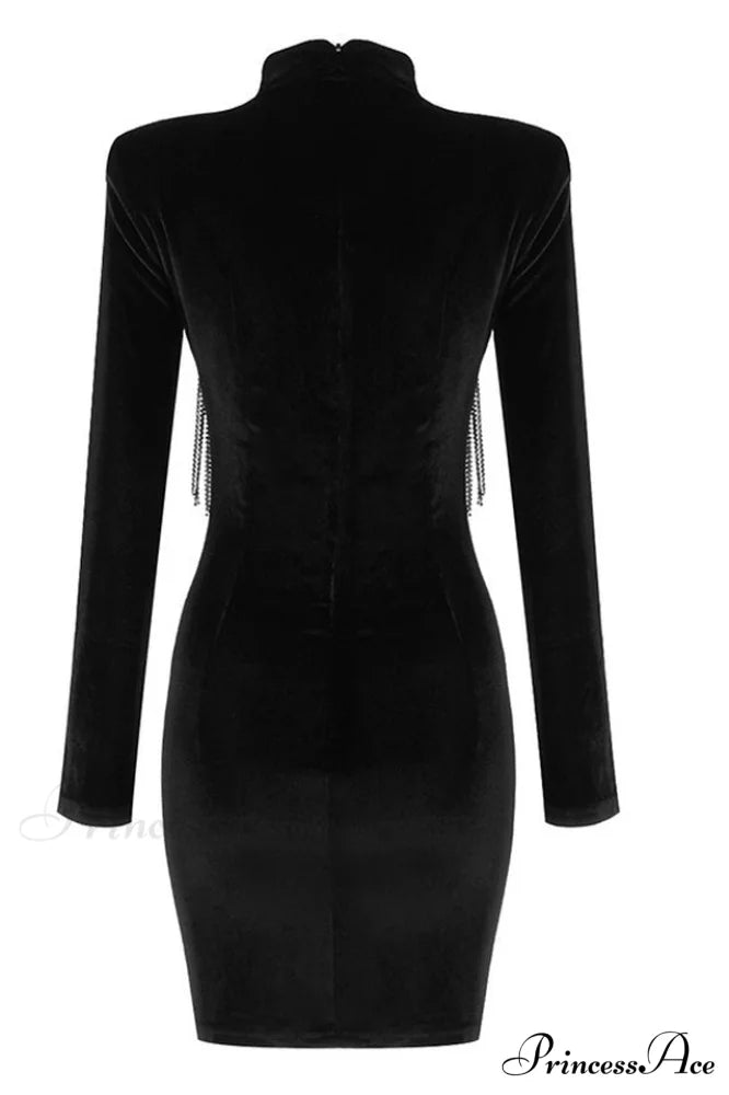 Black Crystal Fringe Charming Velvet Mini Dress