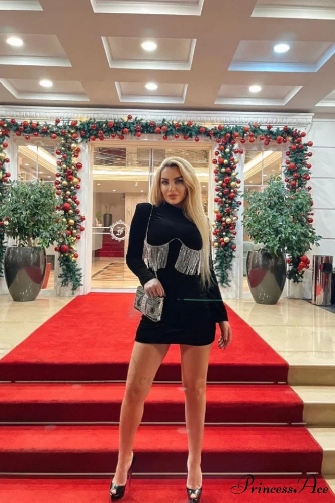 Black Crystal Fringe Charming Velvet Mini Dress