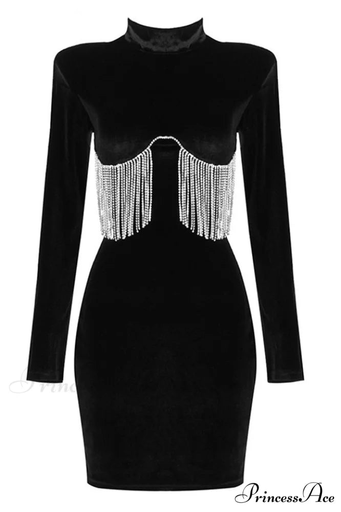 Black Crystal Fringe Charming Velvet Mini Dress XS / Black