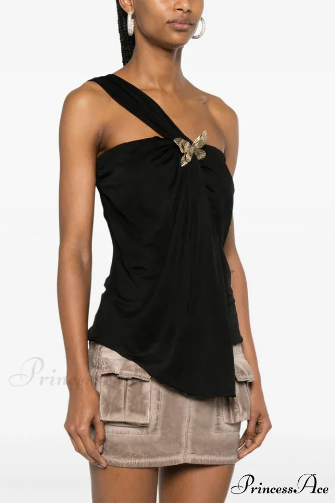Black Draped Top Charming With An Asymmetrical Cut