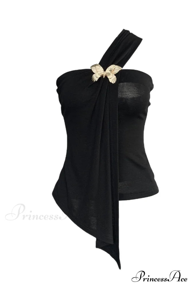 Black Draped Top Charming With An Asymmetrical Cut S / Black