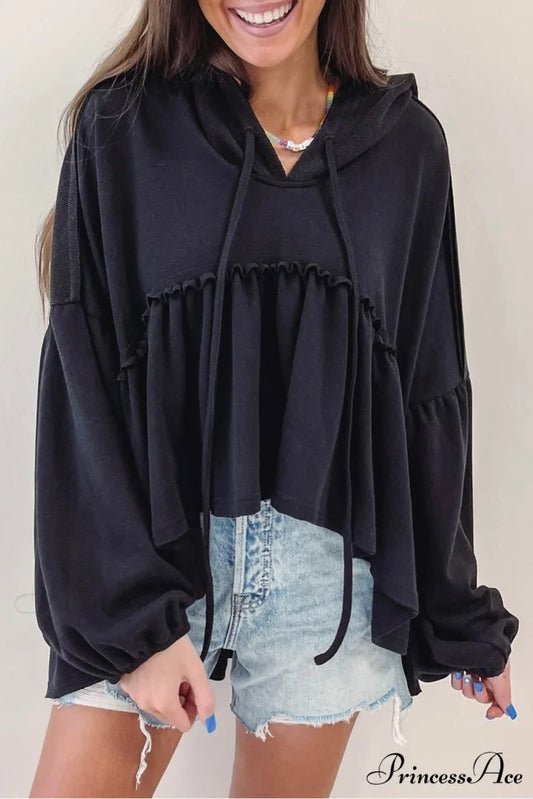Black Drop Ruffled Oversized High Low Hem Shoulder Hoodie Black / S / 63% Polyester + 37% Cotton
