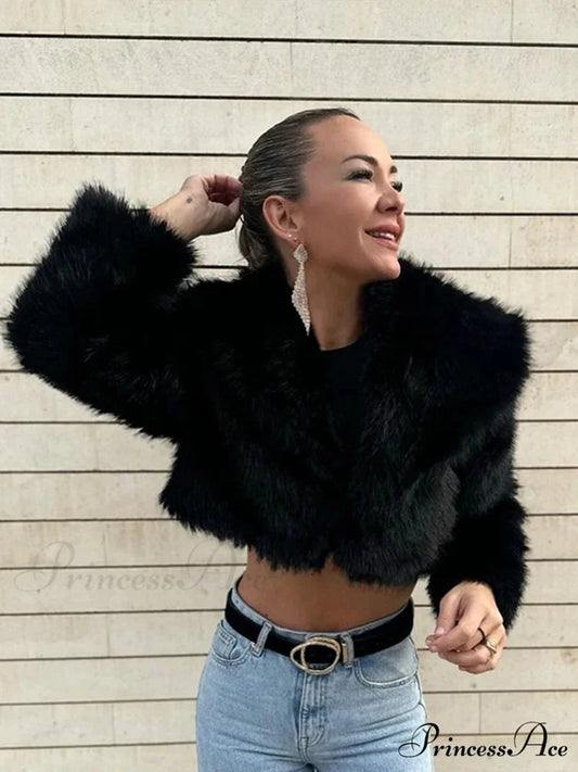 Black Faux Fur Effect Short Coat Black / XS