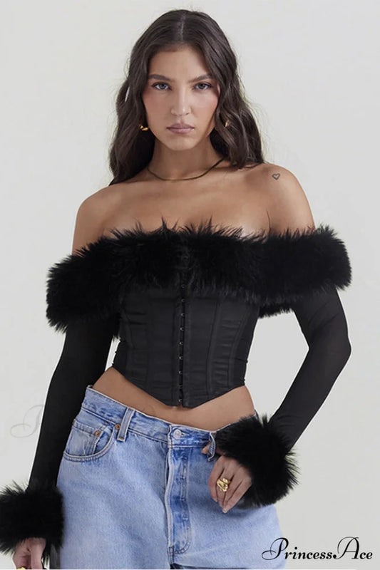 Black Faux Stylish Fur Trimmed Bustier XS / Black