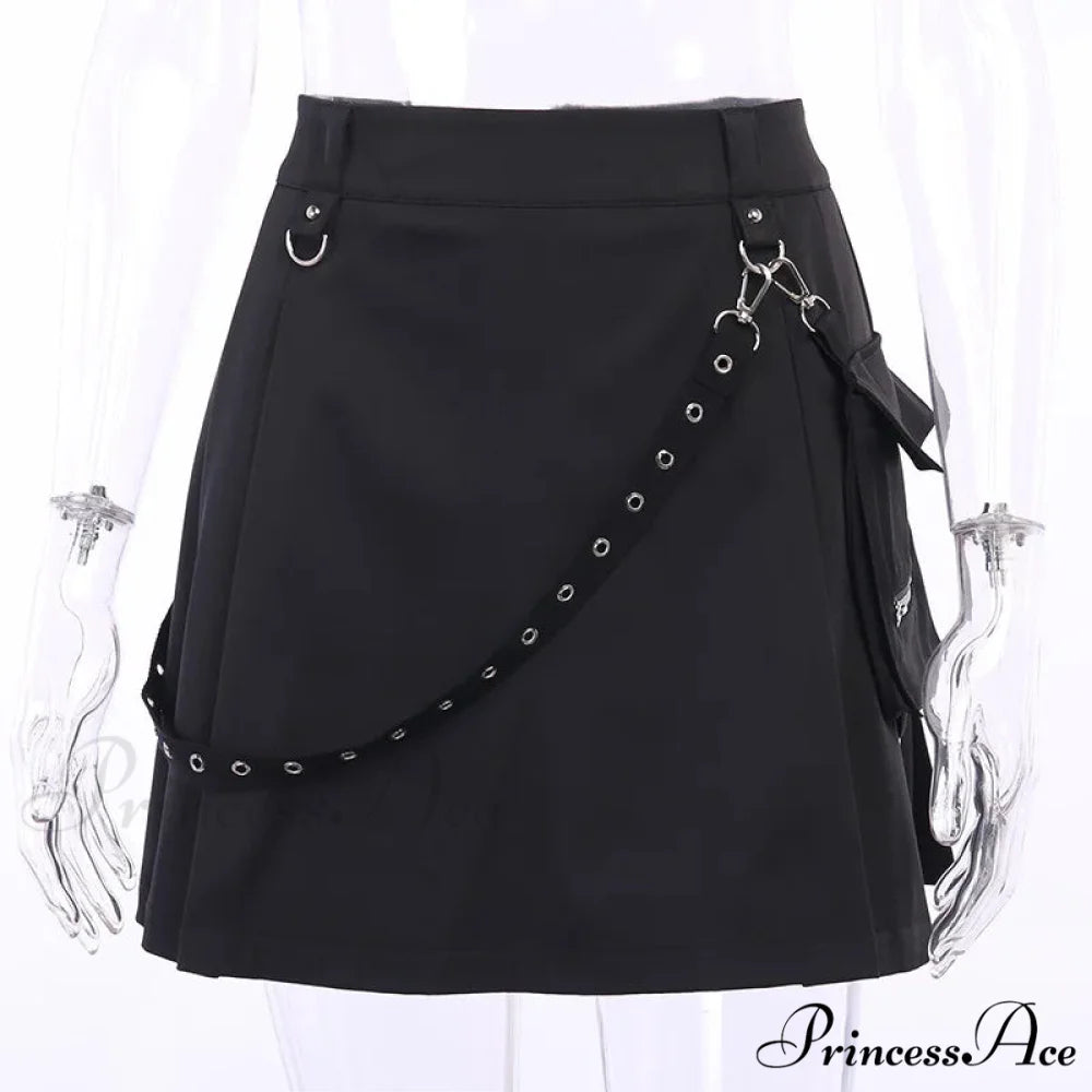 Black Functional Irregular Pleated A-line High Waist Tooling Waist Chain Gothic Harajuku Y2k Goth Skirt BLACK / S