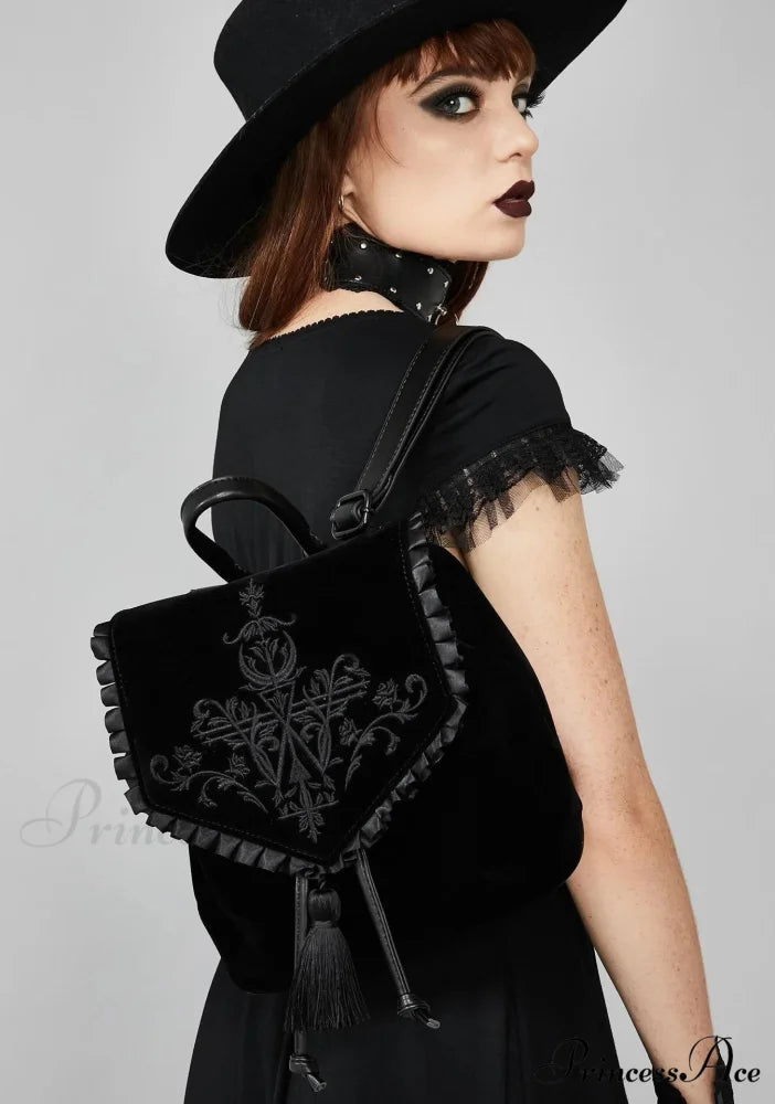Black Gothic Velvet Witch Harajuku Magic Embroidery Dark Punk Rock Shoulder Bag Black