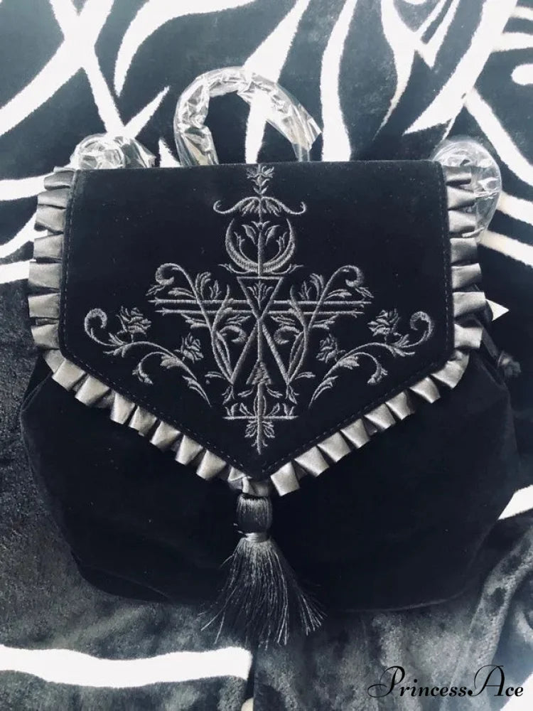 Black Gothic Velvet Witch Harajuku Magic Embroidery Dark Punk Rock Shoulder Bag Black