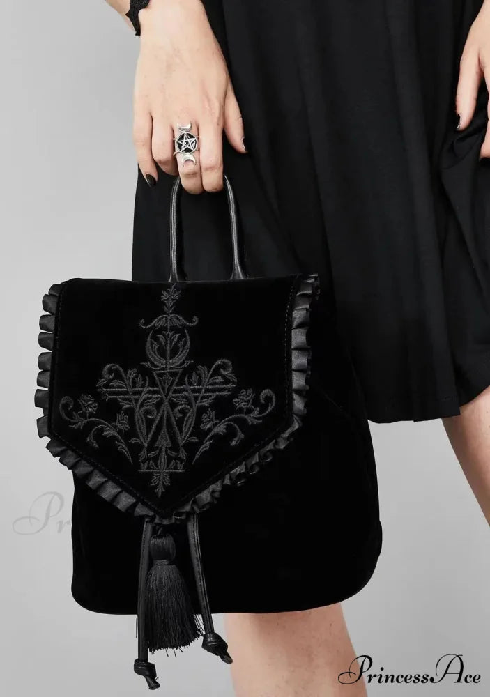 Black Gothic Velvet Witch Harajuku Magic Embroidery Dark Punk Rock Shoulder Bag Black