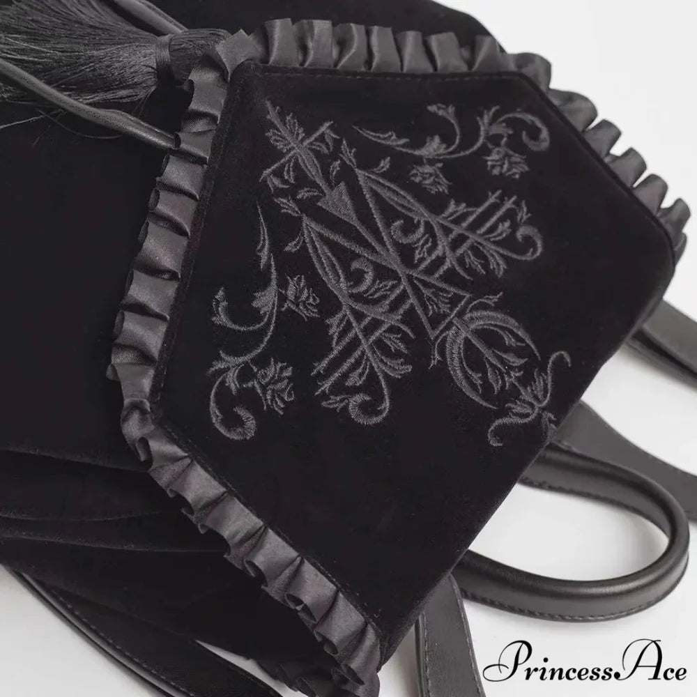Black Gothic Velvet Witch Harajuku Magic Embroidery Dark Punk Rock Shoulder Bag Black