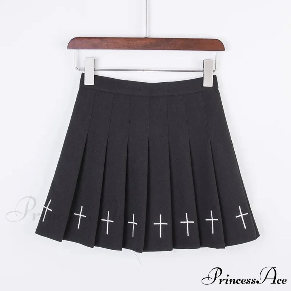 Black High Waist Pleated Vintage Gothic Streetwear Cross Print Skirt BLACK / S