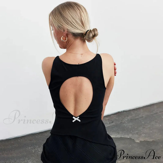 Black Hollow Out Charming Bow Tank Top black / S