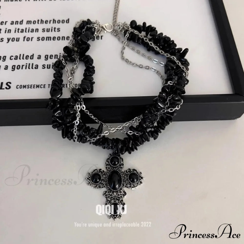 Black Irregular Stone Heavy Gothic Punk Layered Necklace BLACK