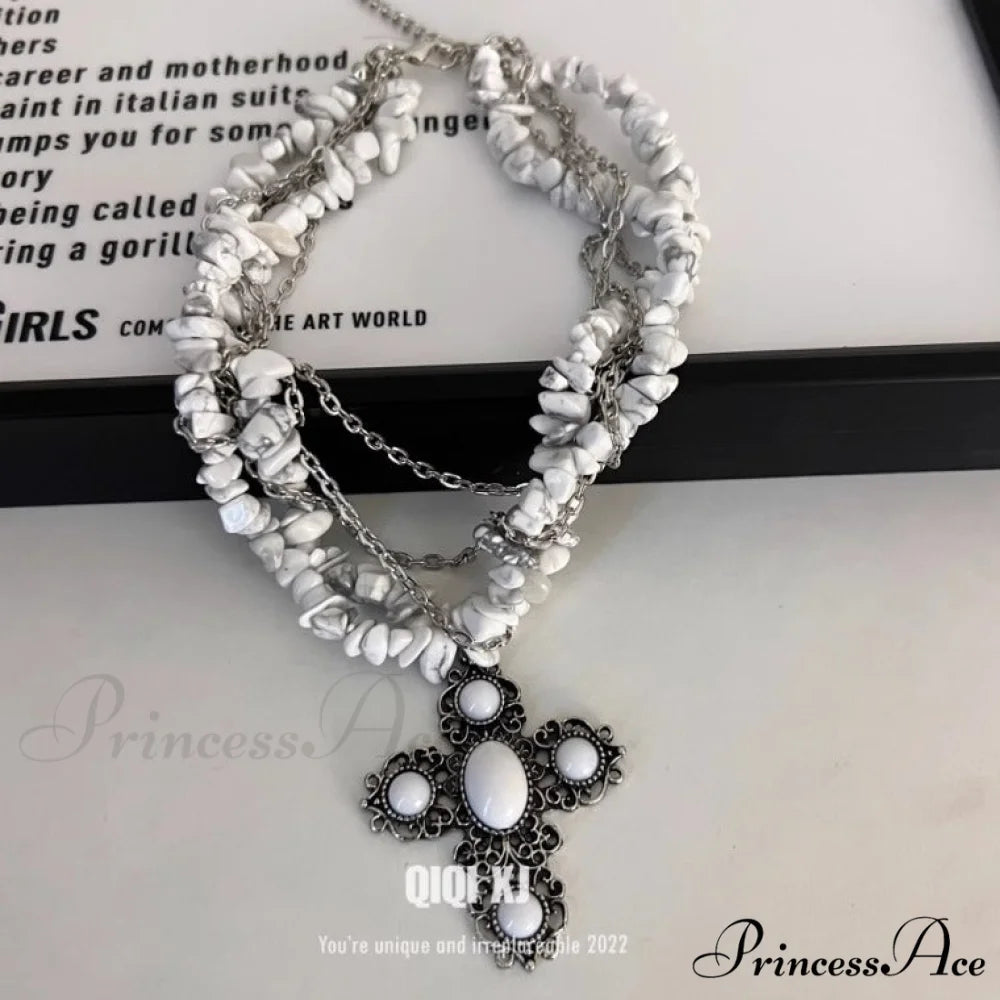 Black Irregular Stone Heavy Gothic Punk Layered Necklace WHITE
