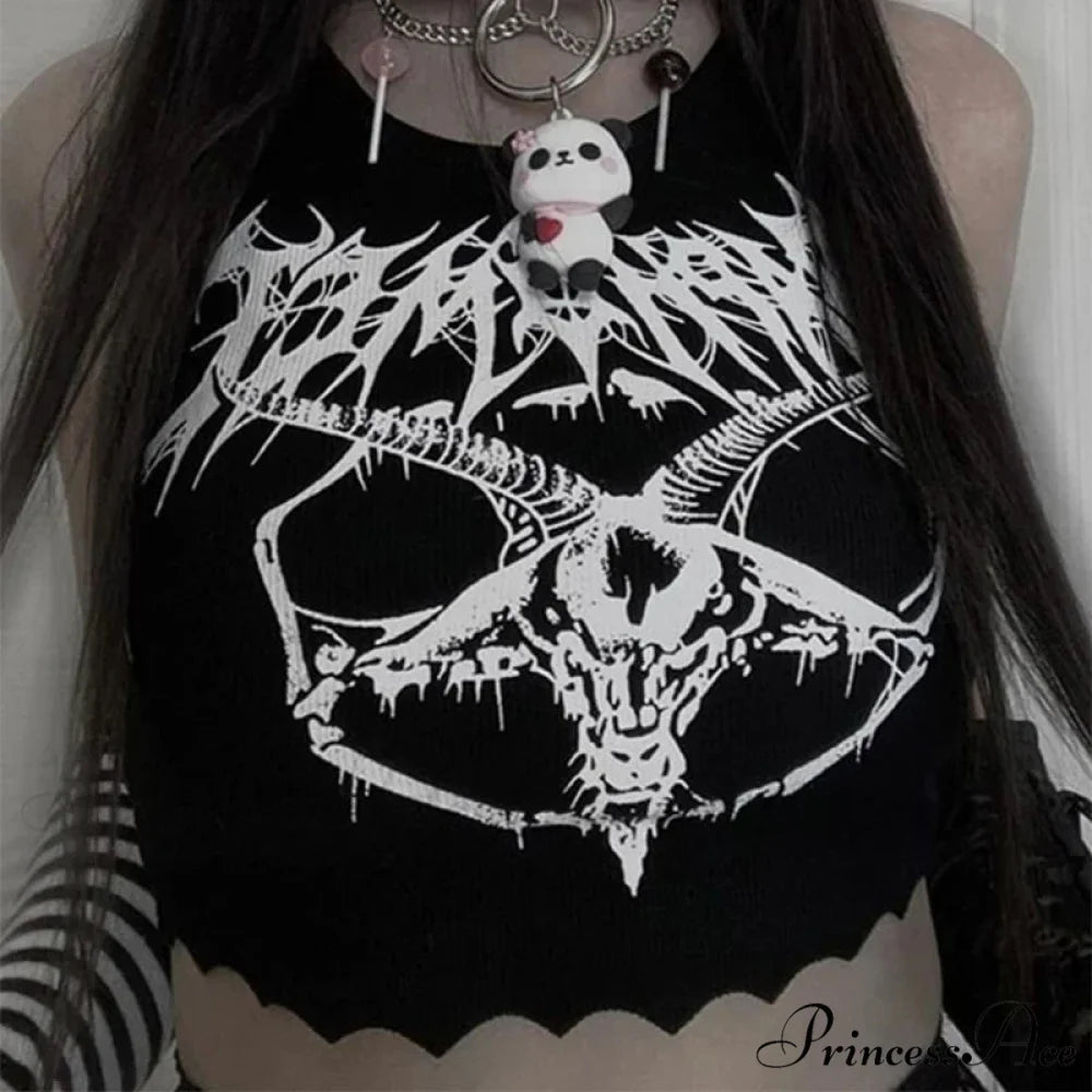 Black Knitted Grunge Punk Goth Goat Head Print Summer Sexy Sleeveless O-neck Crop Top