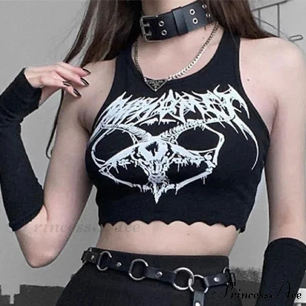 Black Knitted Grunge Punk Goth Goat Head Print Summer Sexy Sleeveless O-neck Crop Top Black / S