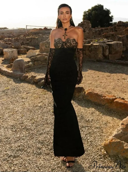 Black Lace Patchwork Strapless Party Dress Black / XS