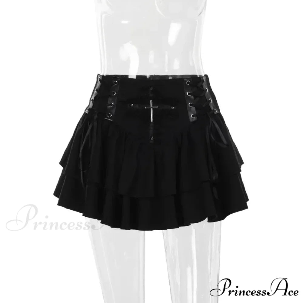 Black Lace Trim Cross Lace-up Mini Vintage Sexy A-Line Layered Short Women Summer Autumn Skirt Black / S