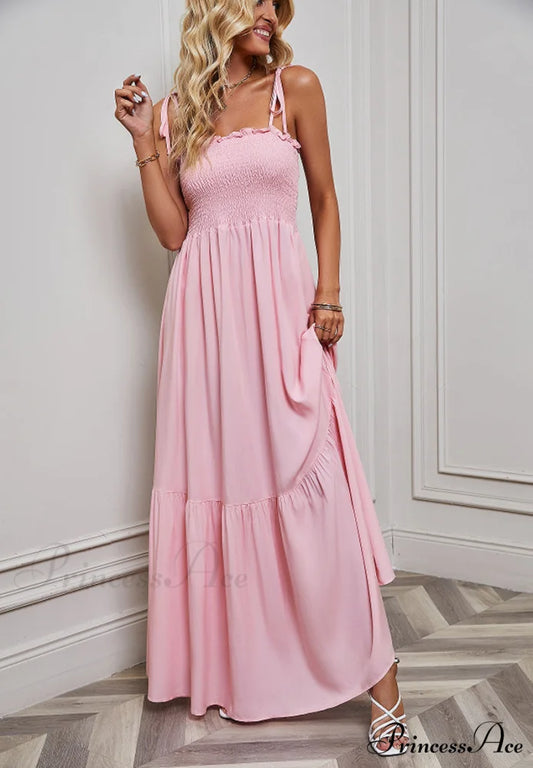Black Maxi Dress with Tie Back and Ruffle Trim S / Pink