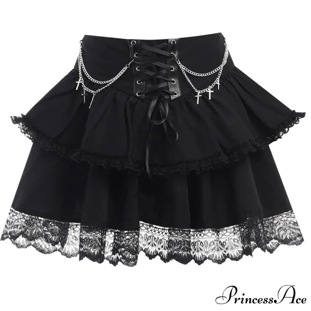 Black Mini Gothic Sexy Cute Women Drawstring Folds High Waist Irregular Ruffle Patchwork Fairycore Skirt BLACK / S