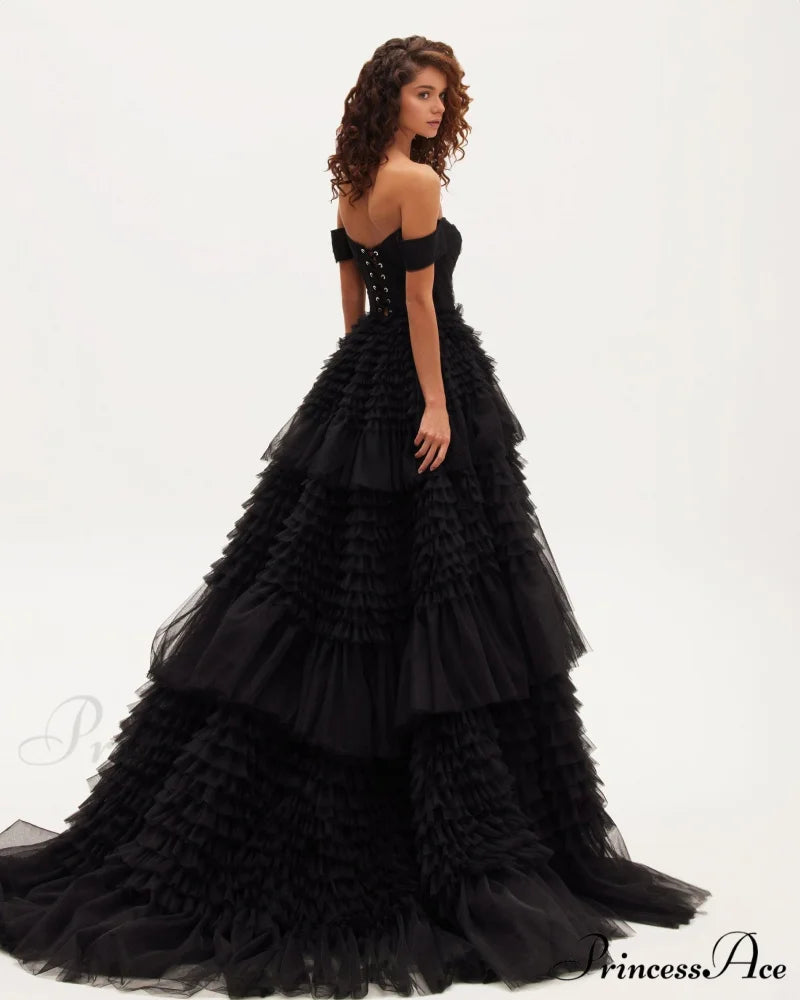 Black Off-The-Shoulder Stylish Frill-Layered Gown M / Black