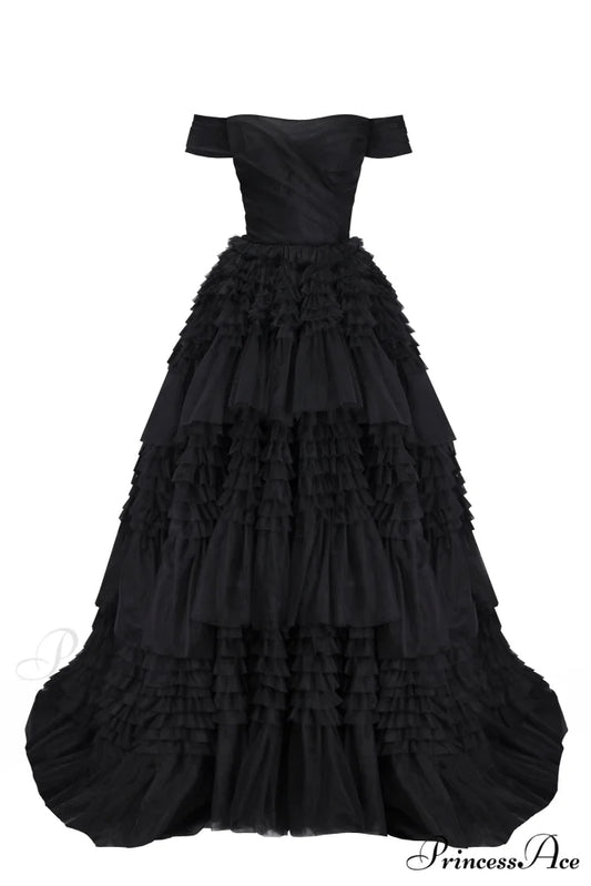 Black Off-The-Shoulder Stylish Frill-Layered Gown XXS / Black