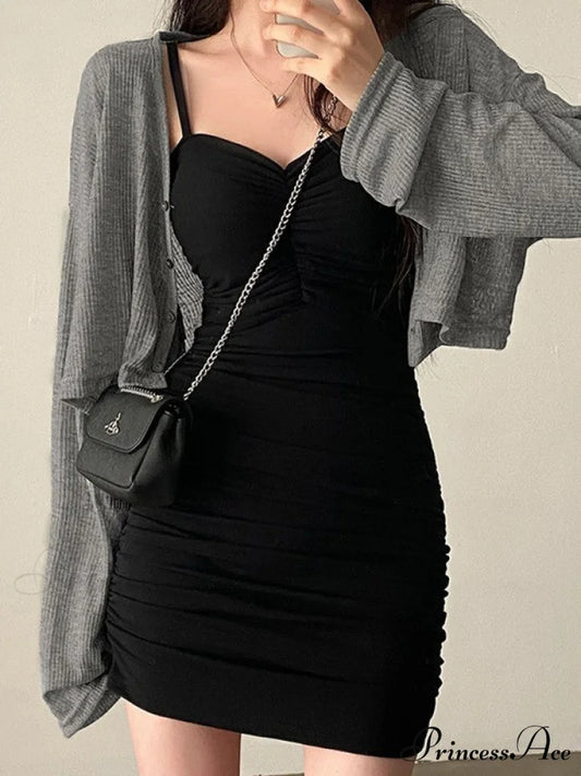 Black Puff Sleeve Trendy Corset Mini Dress Black / S