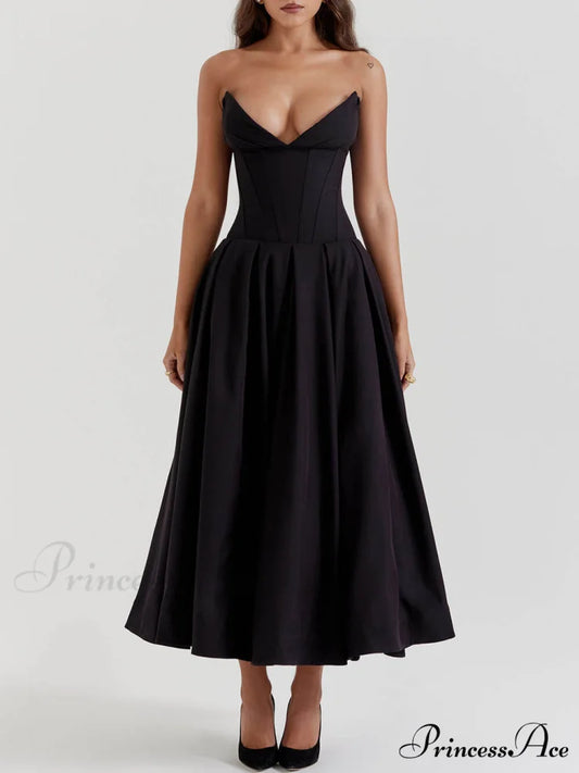 Black Strapless Stylish Midi Dress Black / S