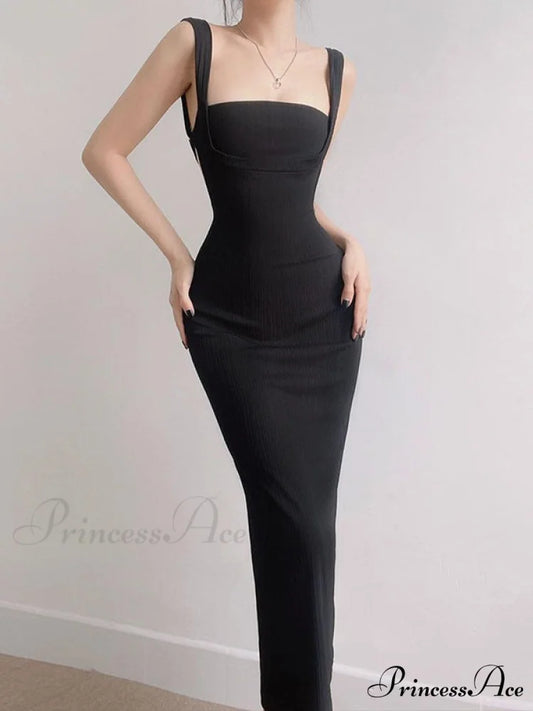 Black Tank Long Bodycon Dress with Tie Back S / Black