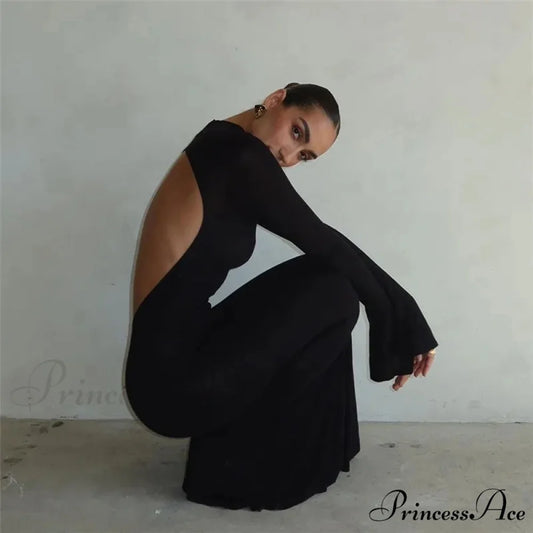 Black TurtleNeck Backless Maxi For Women Elegant Evening Trumpet Sleeves 2024 Autumn Bodycon Long Cut Out Dress