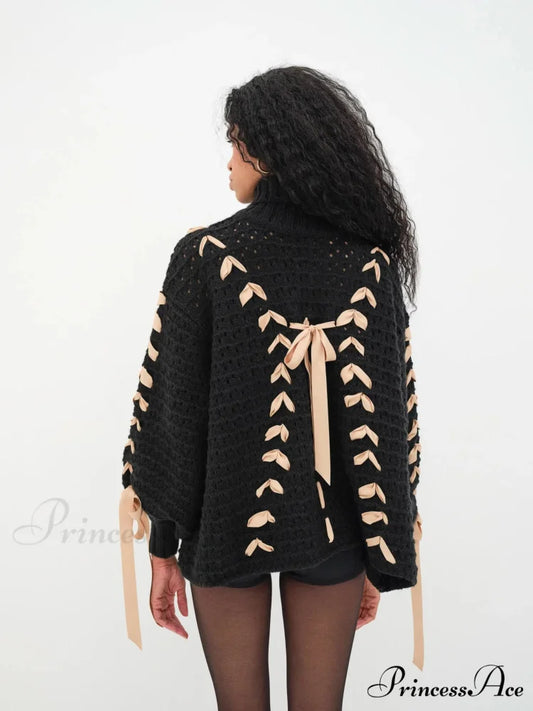 Black Turtleneck Stylish Ribbon Bow Sweater