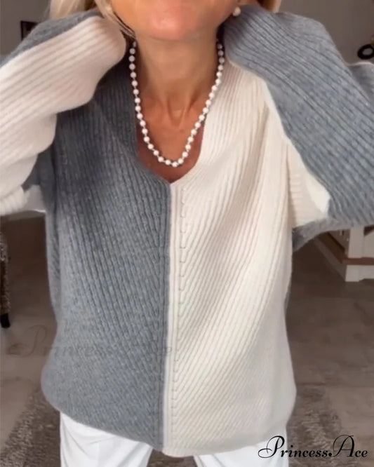 block Color V-neck sweater