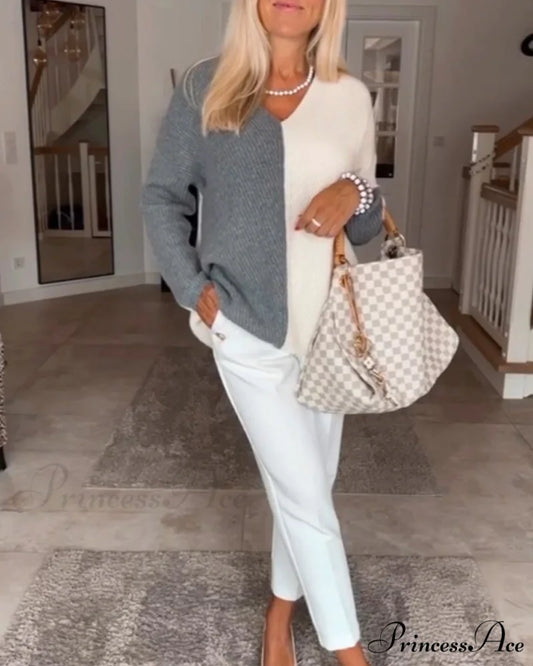 block Color V-neck sweater Gray / S