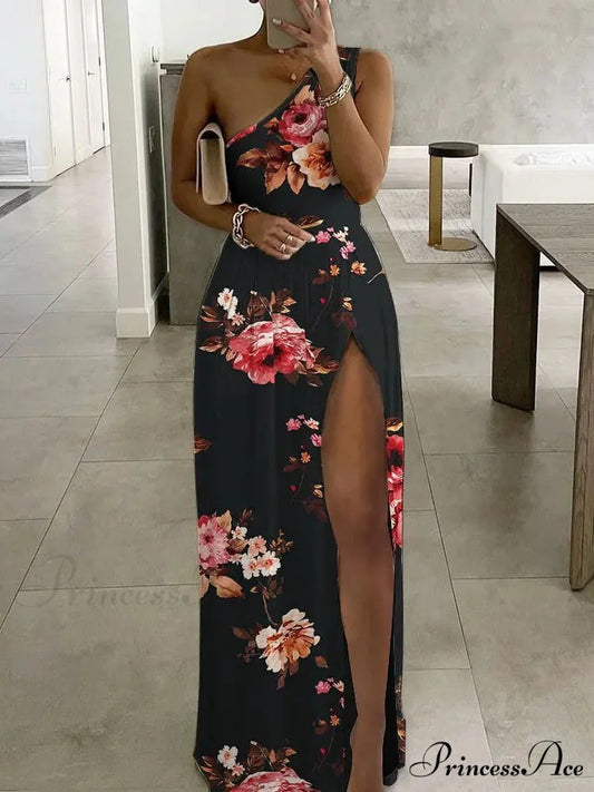 Block High One-Shoulder Elegant Gown Party Club Women Slit Design Trends Fashion Long Gown 2024 Slim Dresses Black / S