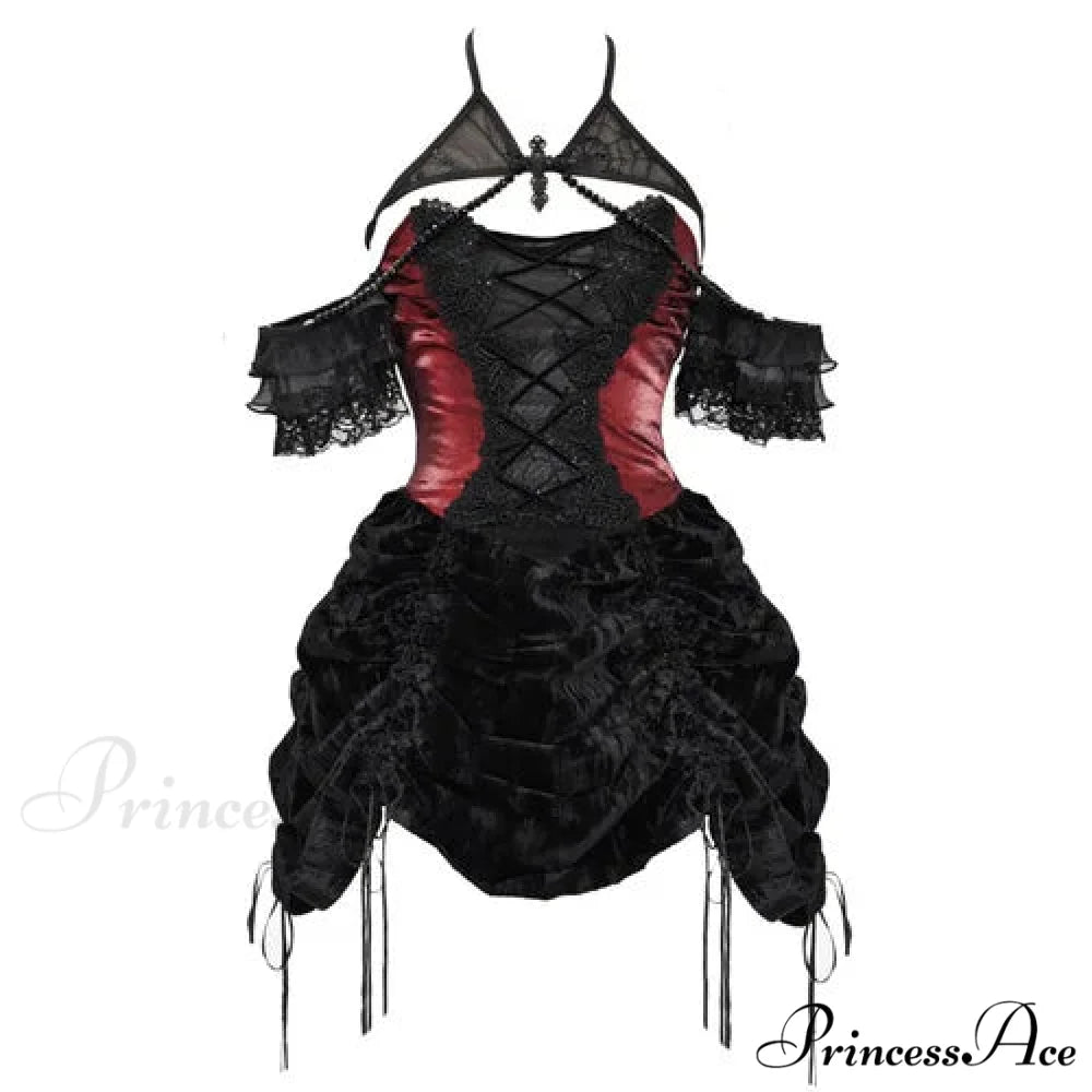 Blood Supply Gothic Velvet Slim Strap Drawstring Halter Black Red Grunge Mini Halloween Vestido Autumn Dress Velvet
