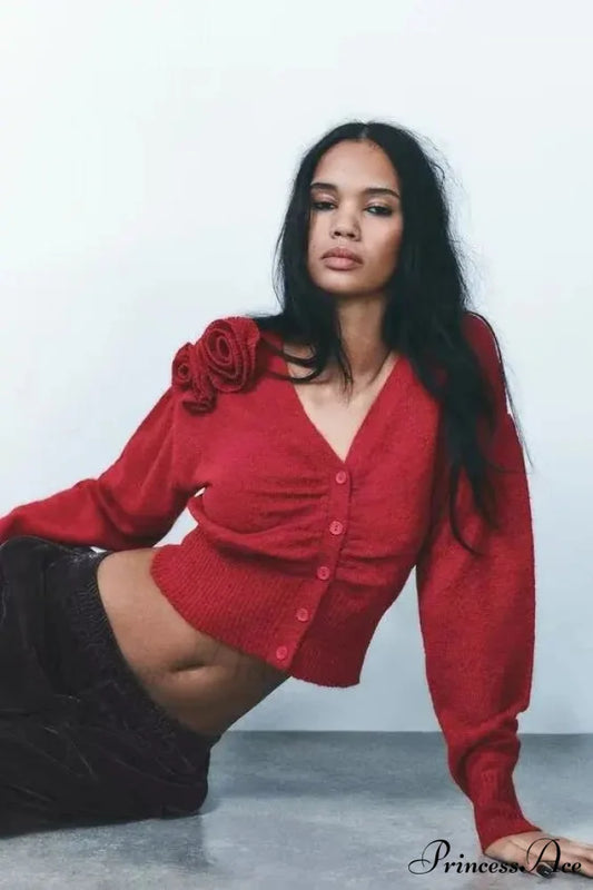 Blossom Deep V Casual Cardigan Red / S cardigans-241228