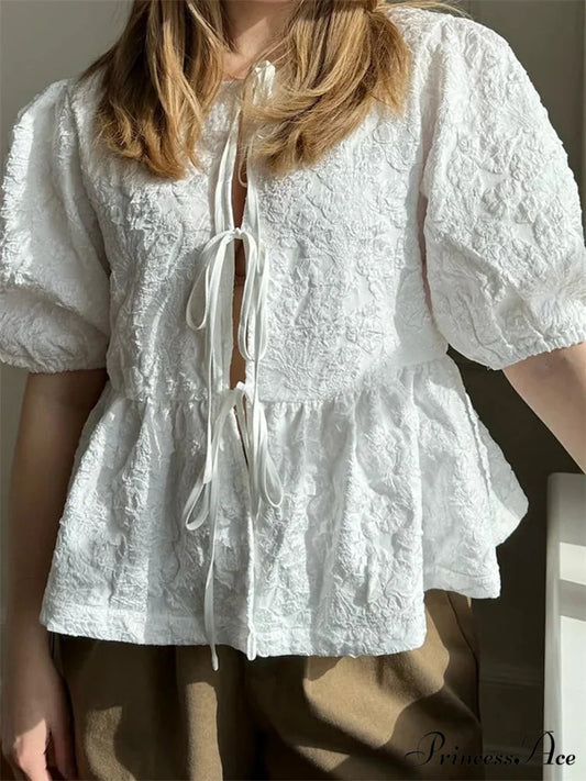 Blossom Gathered Front Tie-Up Top white / S blouse-250223