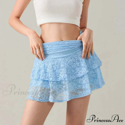 Blossom Lace Tiered Frilly Skirt Blue / S skirts-250223