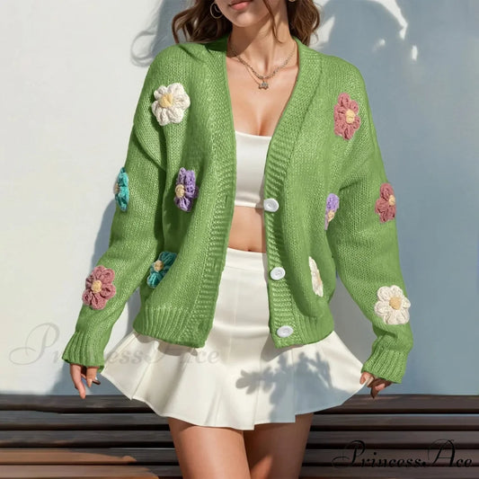 Blossom Unfastened Front Button-Up Relaxed Cropped Knit Cardigan Green / S cardiagn-250126